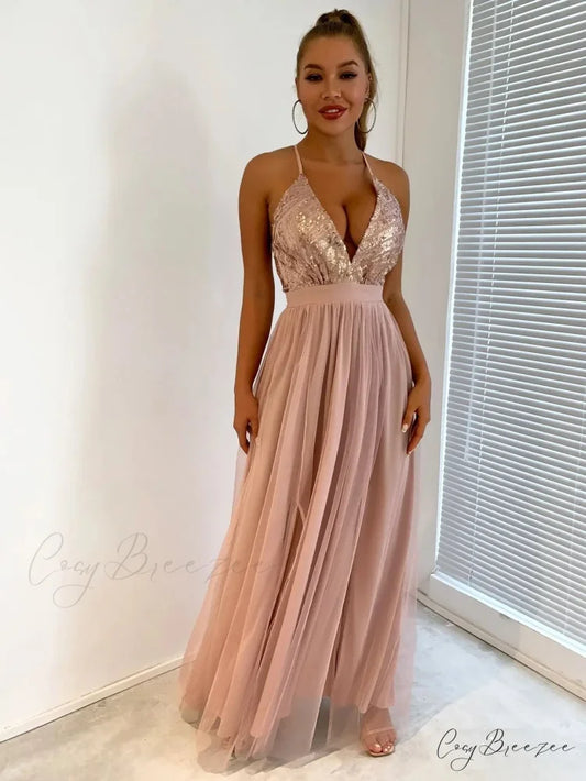 Mesh V-neck Maxi Dress Champagne / Xs