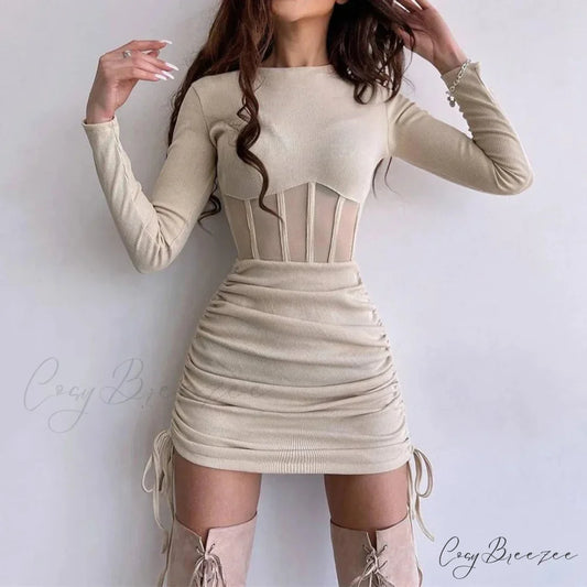 Mesh Waist Bodycon Mini Dress Khaki / S