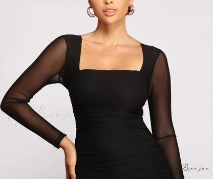 Mesmerize In Mesh Charming Ruched Mini Dress