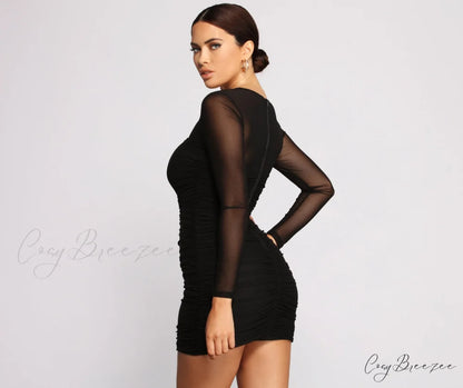 Mesmerize In Mesh Charming Ruched Mini Dress
