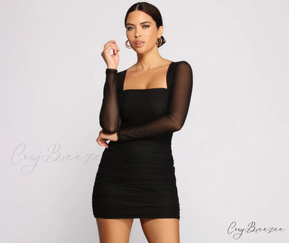 Mesmerize In Mesh Charming Ruched Mini Dress BLACK / XS