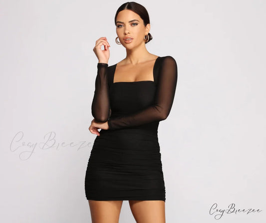 Mesmerize In Mesh Charming Ruched Mini Dress BLACK / XS