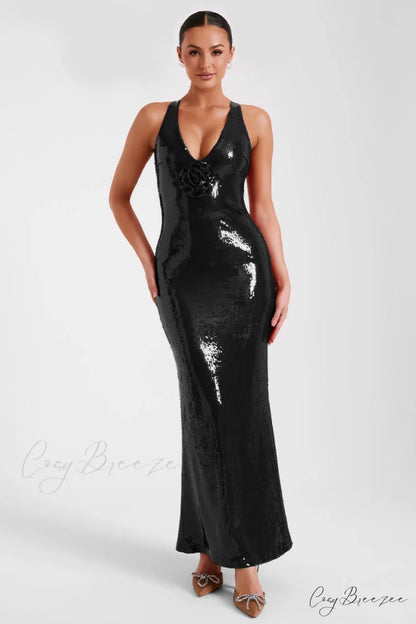 Mesmerizing Arrival Backless Trendy Sequin Maxi Dress Black / XS