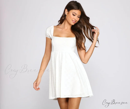 Mesmerizing Beauty Puff Charming Sleeve Eyelet Skater Dress WHITE / XS