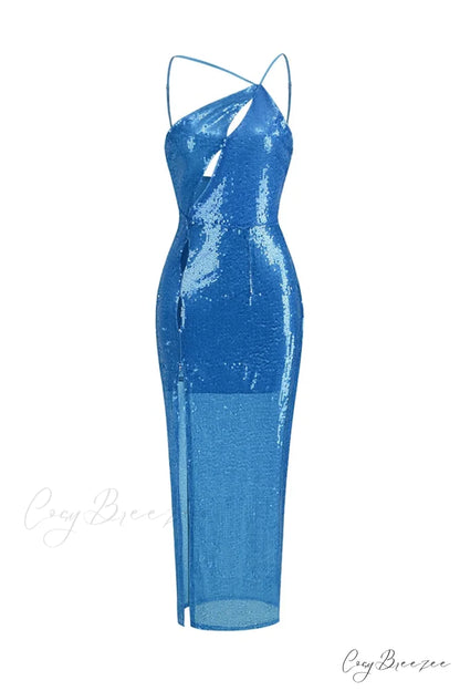 Mesmerizing Sky Blue Trendy Sequin One-Shoulder Maxi Dress