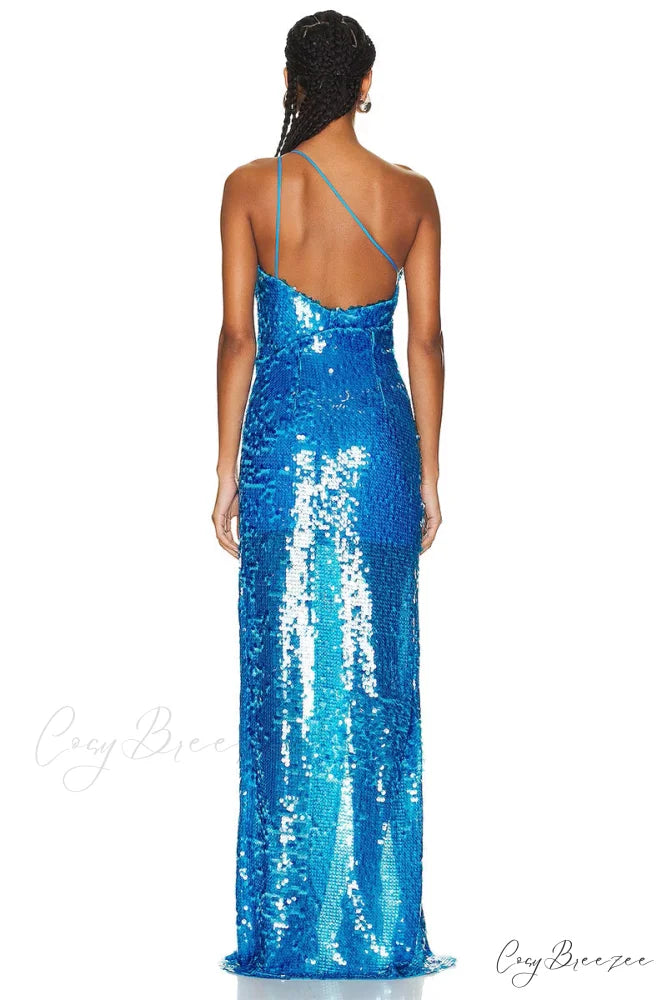 Mesmerizing Sky Blue Trendy Sequin One-Shoulder Maxi Dress