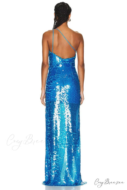 Mesmerizing Sky Blue Trendy Sequin One-Shoulder Maxi Dress