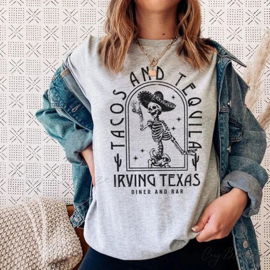 Mexican Skeleton Tacos Boho Style Tee GRAY / S t-shirt-250223