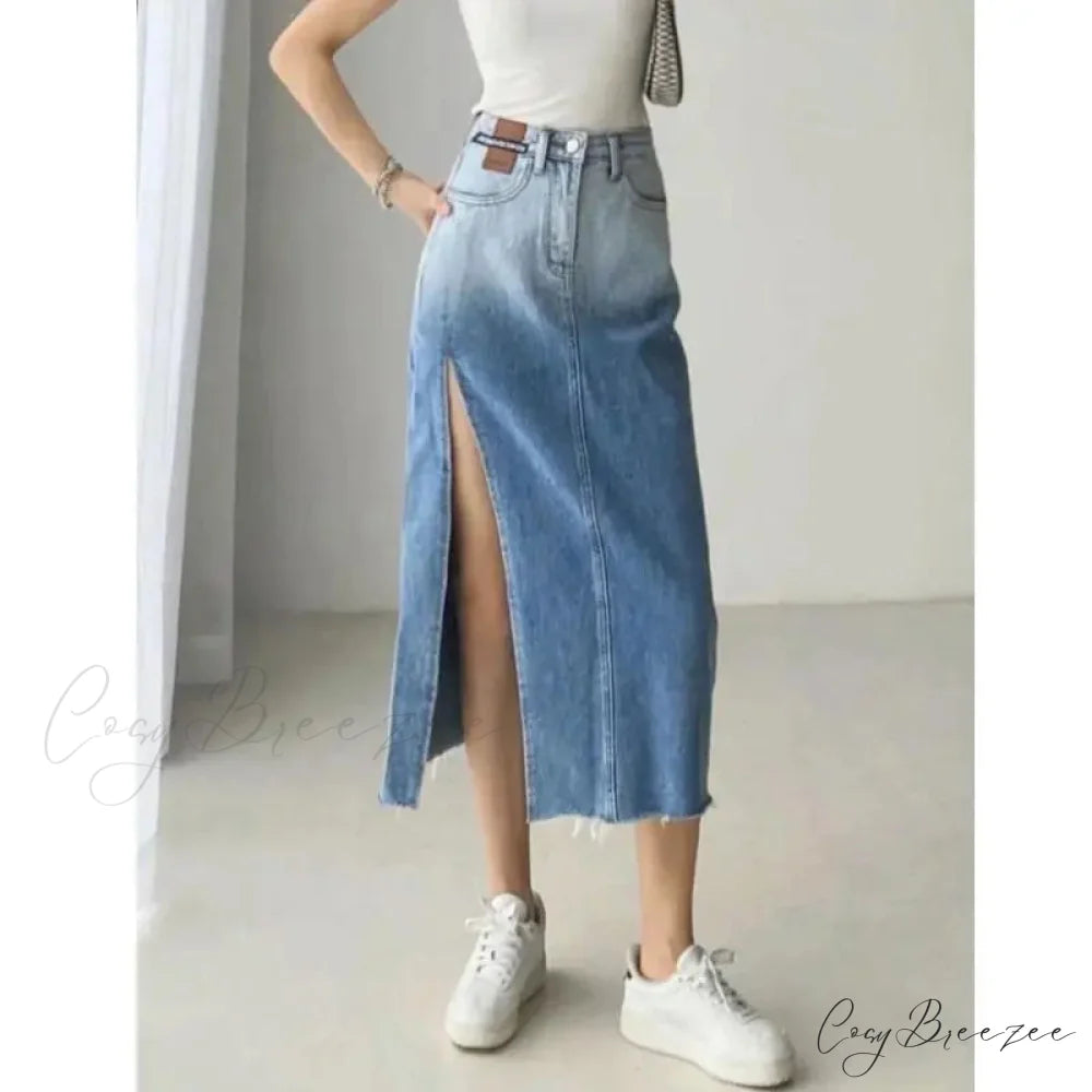 Mid-Length Slit Denim Skirt Blue / S skirts-250223