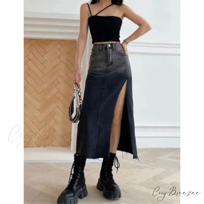 Mid-Length Slit Denim Skirt dark grey / S skirts-250223
