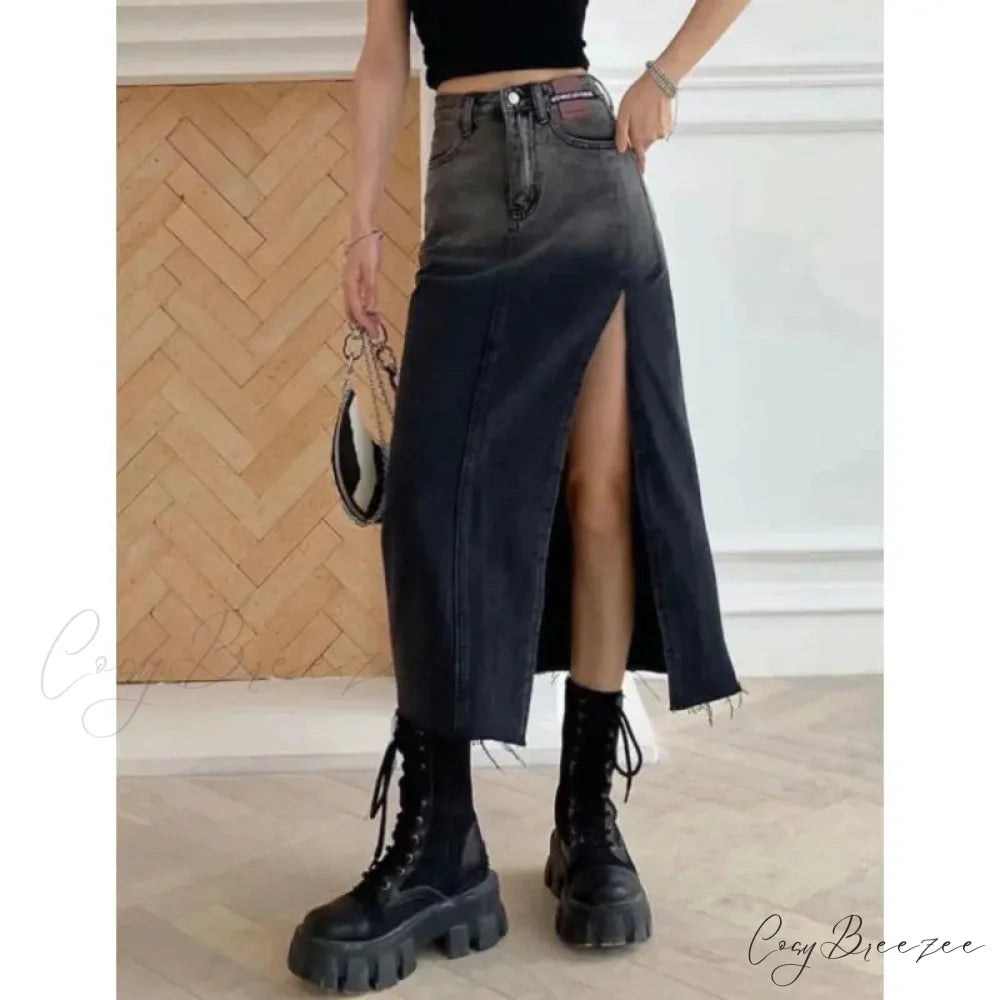 Mid-Length Slit Denim Skirt skirts-250223
