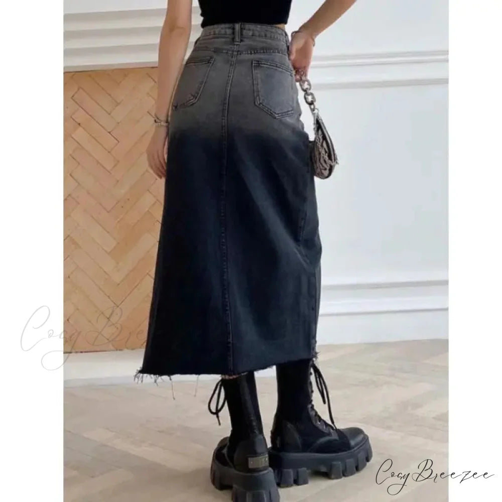 Mid-Length Slit Denim Skirt skirts-250223