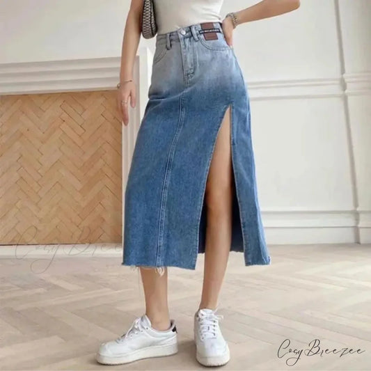 Mid-Length Slit Denim Skirt skirts-250223