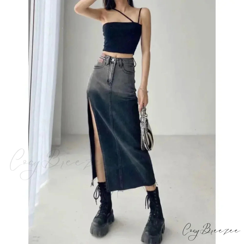 Mid-Length Slit Denim Skirt skirts-250223