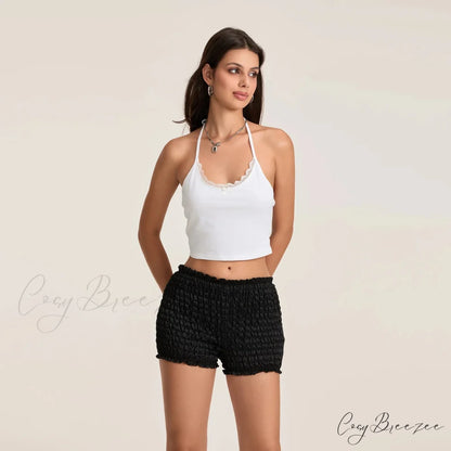 Mid Rise Ruched Elastic Waist Shorts short-250223