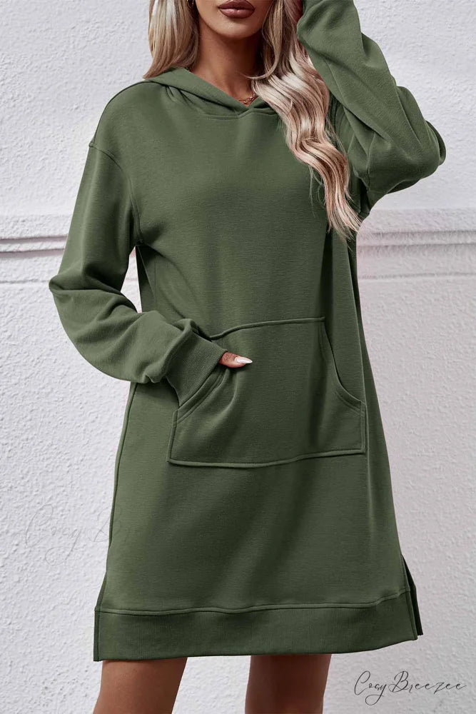 Midi Hoodie Dress with Pocket Slit Dark Green / M