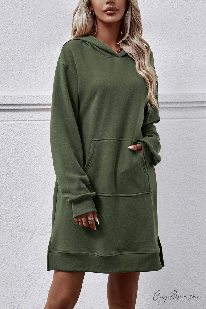Midi Hoodie Dress with Pocket Slit Dark Green / S