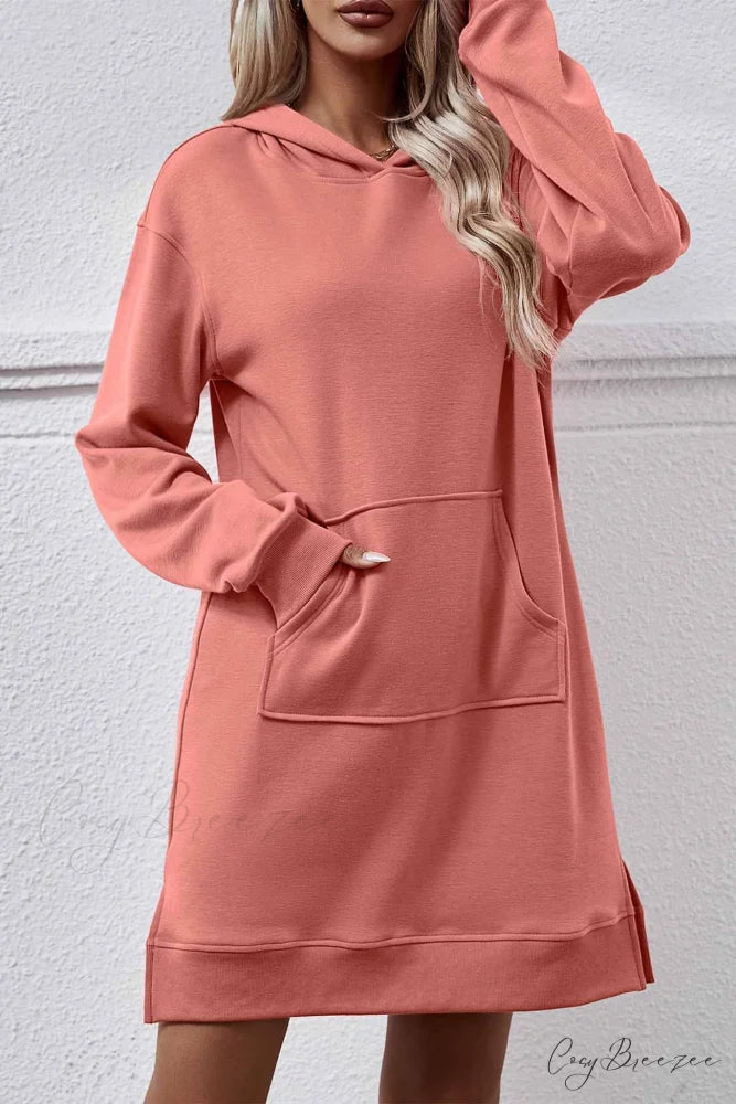 Midi Hoodie Dress with Pocket Slit Light Red / S