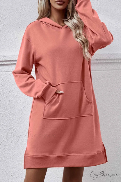 Midi Hoodie Dress with Pocket Slit Light Red / S