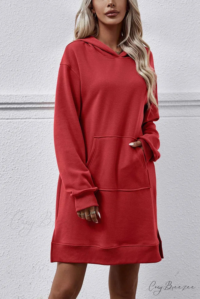 Midi Hoodie Dress with Pocket Slit Red / M