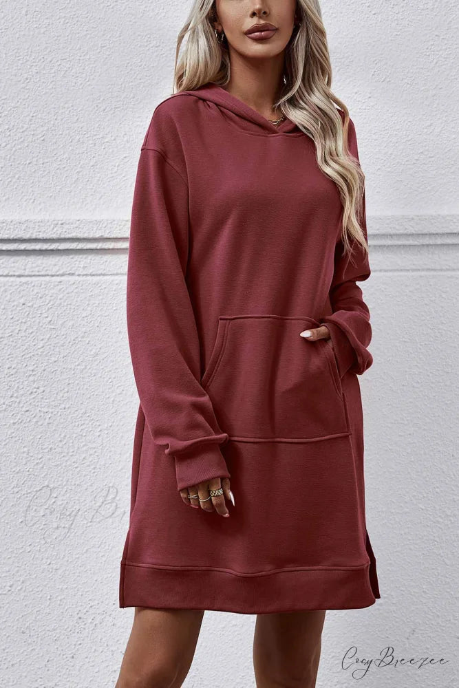 Midi Hoodie Dress with Pocket Slit Wine Red / M