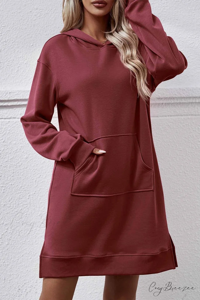 Midi Hoodie Dress with Pocket Slit Wine Red / S