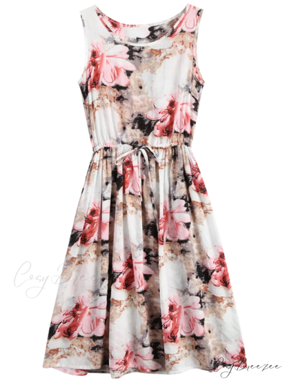 Midi Sleeveless Drawstring Floral Dress
