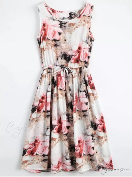 Midi Sleeveless Drawstring Floral Dress