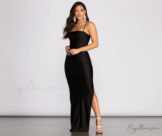 Mila High Stylish Slit Ruched Dress BLACK / S