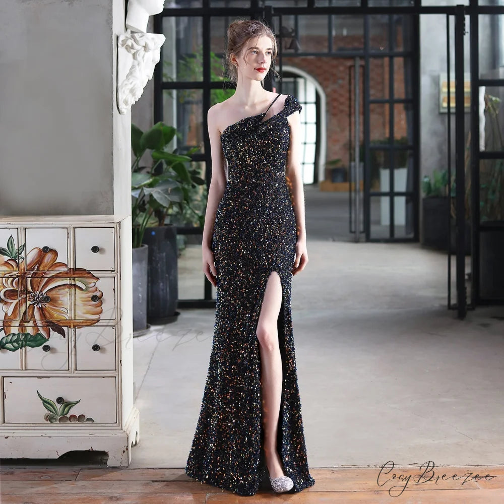 Mile one-shoulder bright Charming sequined formal dress BLACK / XS