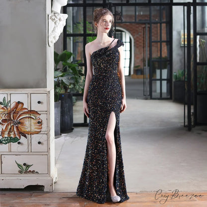 Mile one-shoulder bright Charming sequined formal dress BLACK / XS
