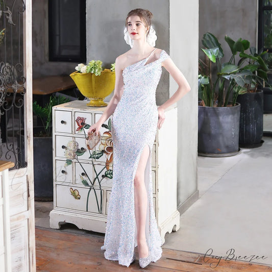 Mile one-shoulder bright Charming sequined formal dress WHITE / XS