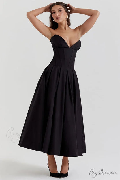 Milly Black Graceful Strapless Midi Dress