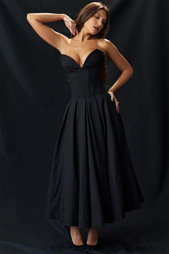 Milly Black Graceful Strapless Midi Dress