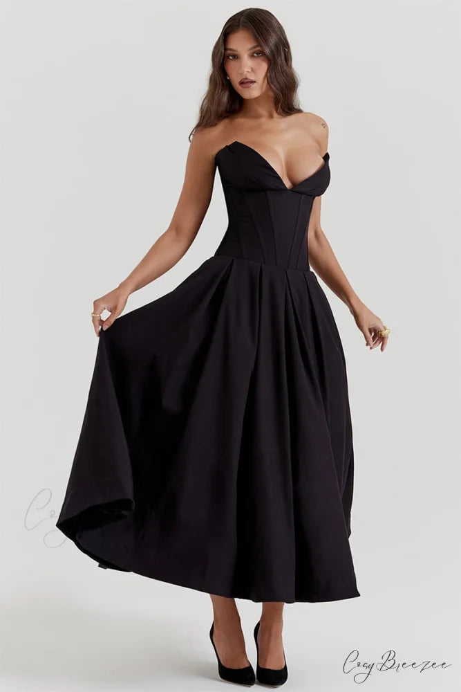 Milly Black Graceful Strapless Midi Dress
