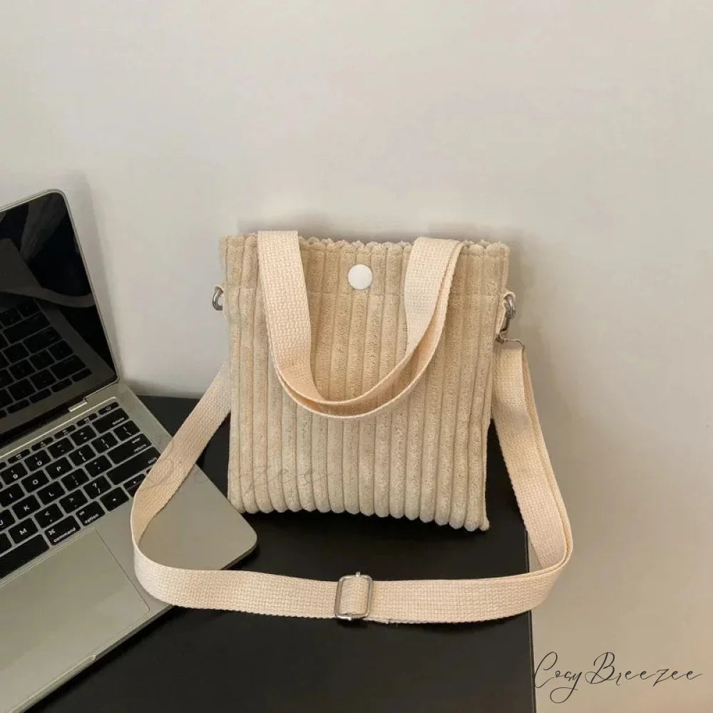 Mini Corduroy Zipper Shoulder Bag Spring Handbag Beige handbag-250126