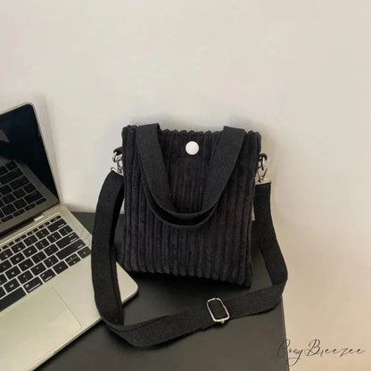 Mini Corduroy Zipper Shoulder Bag Spring Handbag Black handbag-250126