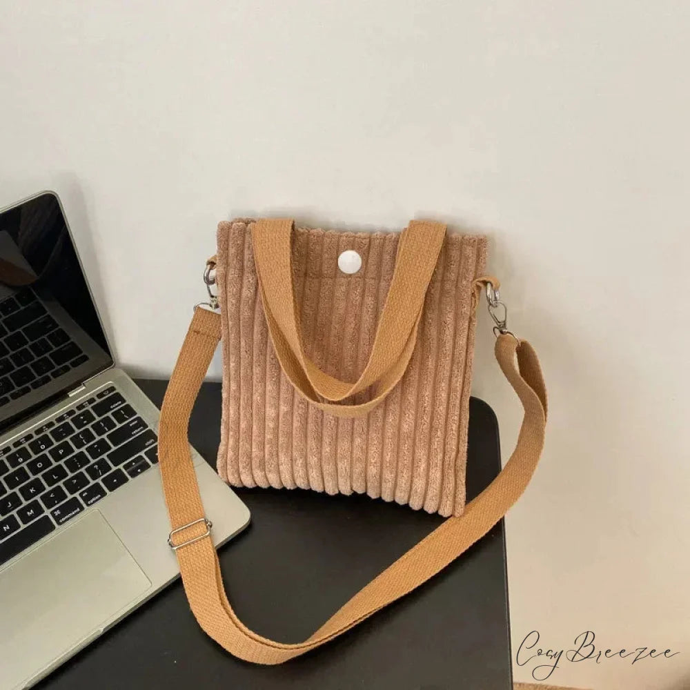 Mini Corduroy Zipper Shoulder Bag Spring Handbag Khaki handbag-250126