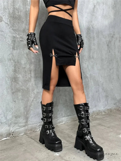 Mini Grunge Aesthetic Split Female Mall Gothic Short Front Skirt BLACK / S