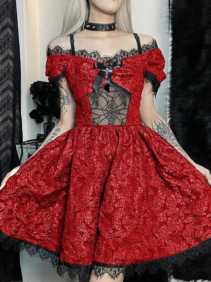 Mini Party Aesthetic One Shoulder Strap Sexy Lace Cutouts Elegant A Line High Waist Dress Red / L
