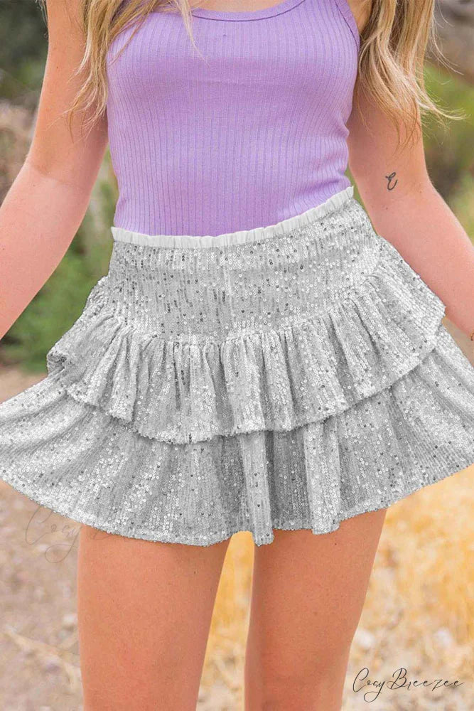 Mini Tiered Sequined Folded Skirt Silver / XS