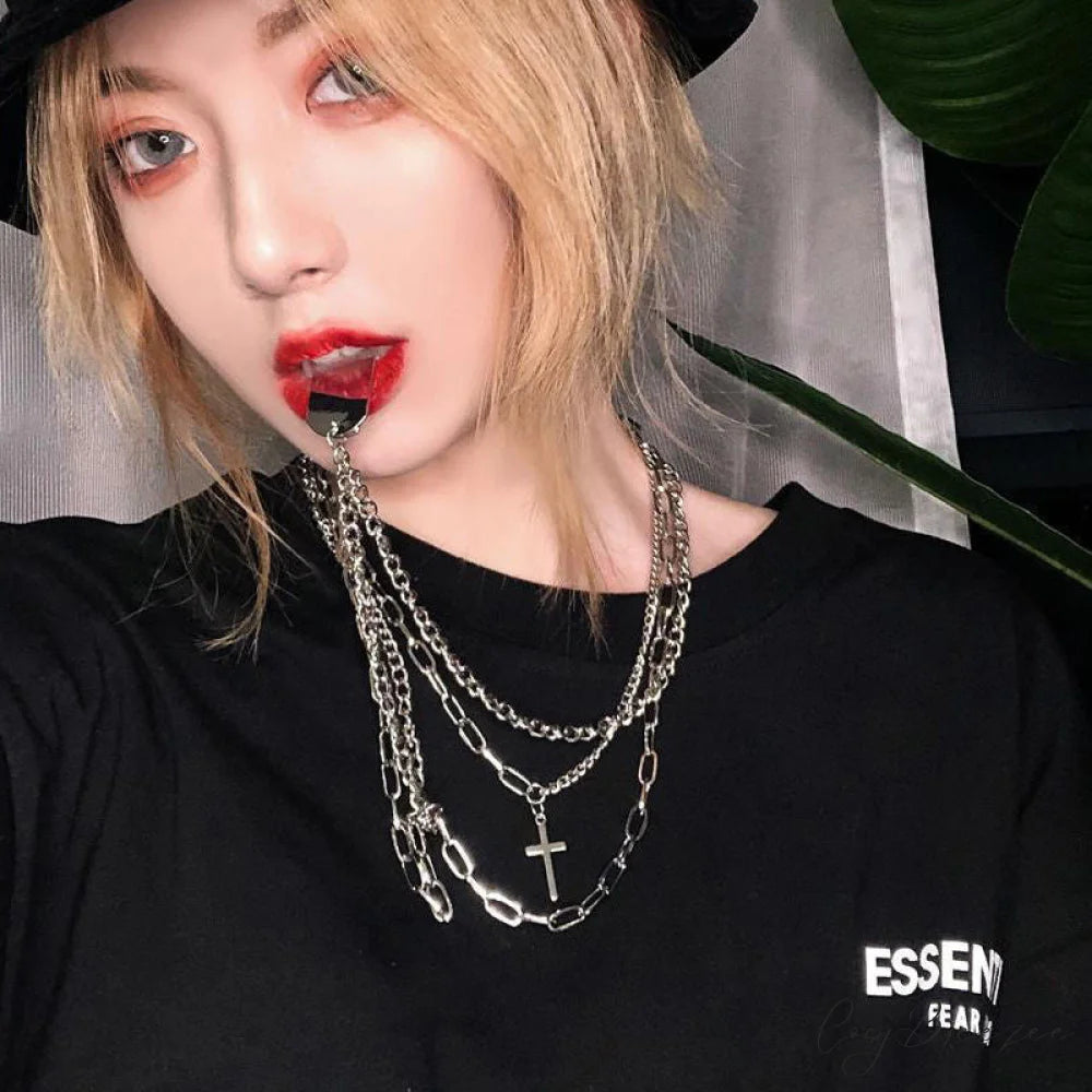 Minimalist Hip-hop Punk Trendy Cross Sweater Chain Necklace Set SILVER