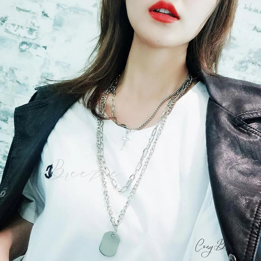Minimalist Hip-hop Punk Trendy Cross Sweater Chain Necklace Set SILVER