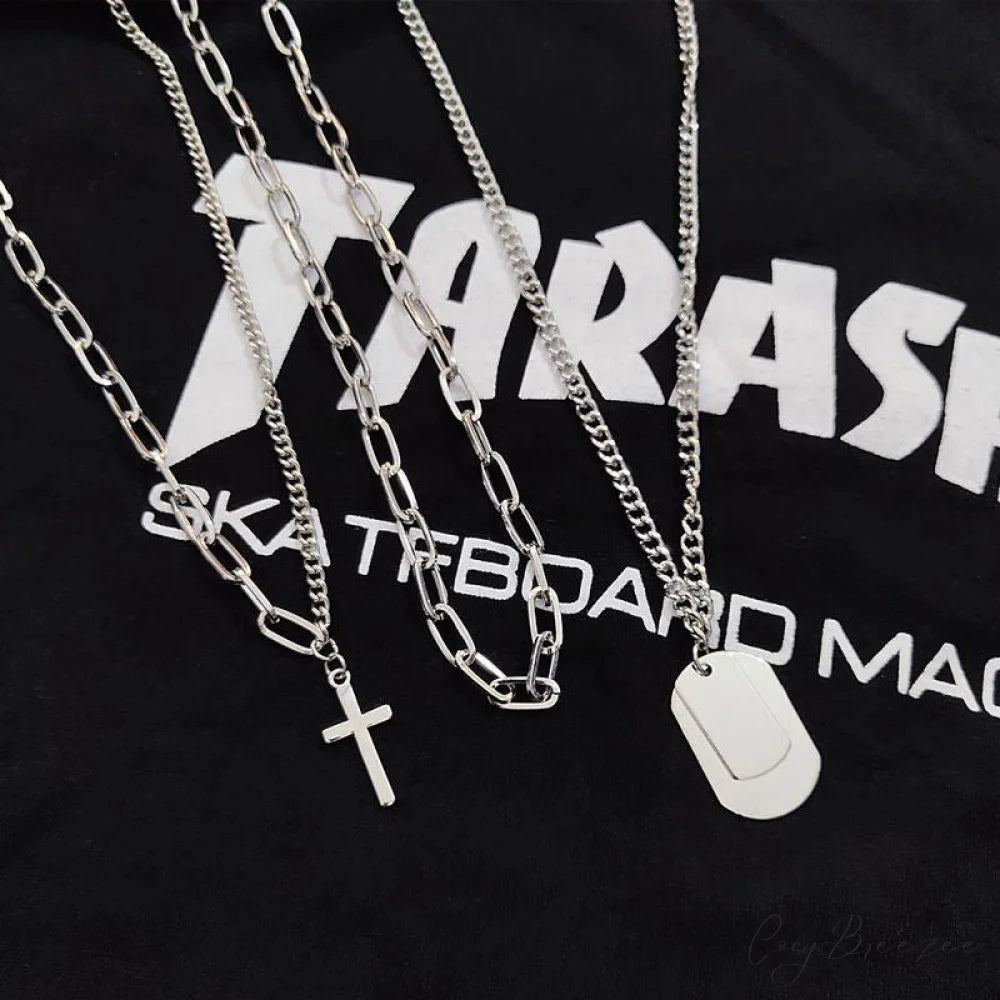 Minimalist Hip-hop Punk Trendy Cross Sweater Chain Necklace Set SILVER