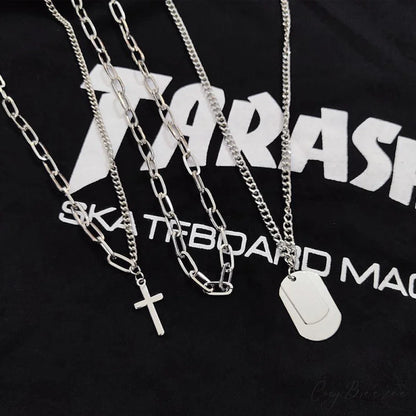 Minimalist Hip-hop Punk Trendy Cross Sweater Chain Necklace Set SILVER