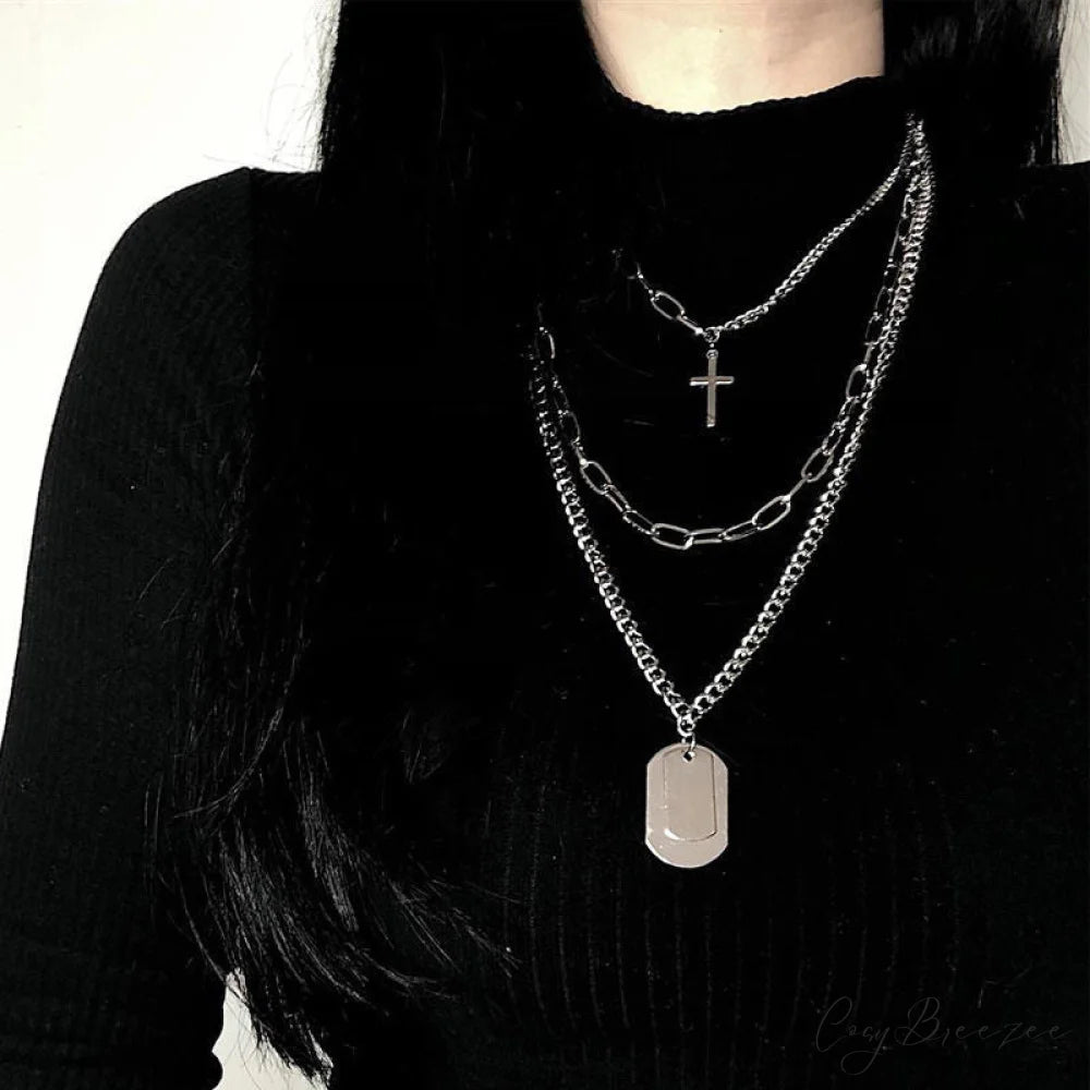 Minimalist Hip-hop Punk Trendy Cross Sweater Chain Necklace Set SILVER