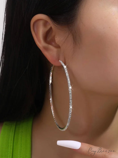 Minimalist Rhinestone Inlaid Chunky Hoop Earrings Silver / one-size