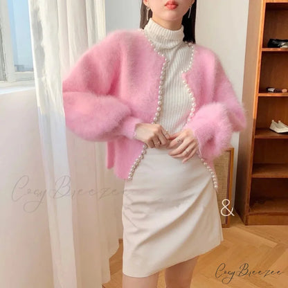 Mink Fleece Lantern Sleeve Cardigan Pink / One Size