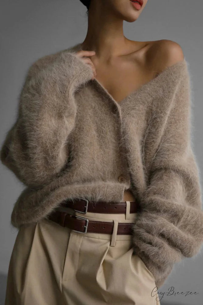 Mink Hair V Faux Neck Cardigan Khaki / M