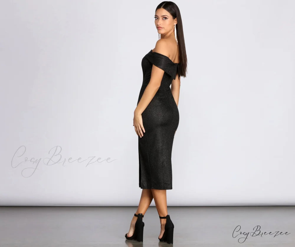 Misty Off Stylish Shoulder Glitter Dress